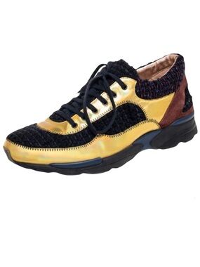 CHANEL Holographic Gold Black Tweed CC Logo Low Top Sneakers Size 38